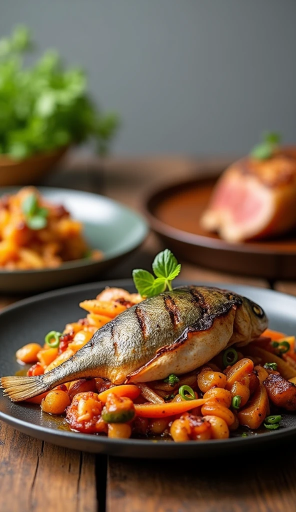 Take a top photo,High-resolution photos,Rich in details,gourmet food,There is a grilled fish on the table,A roast chicken,and grilled steak