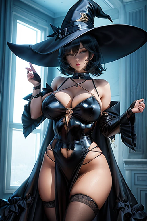 witch, sexy pose, big breasts, black sexy dress, black air, black witch, bob hair
