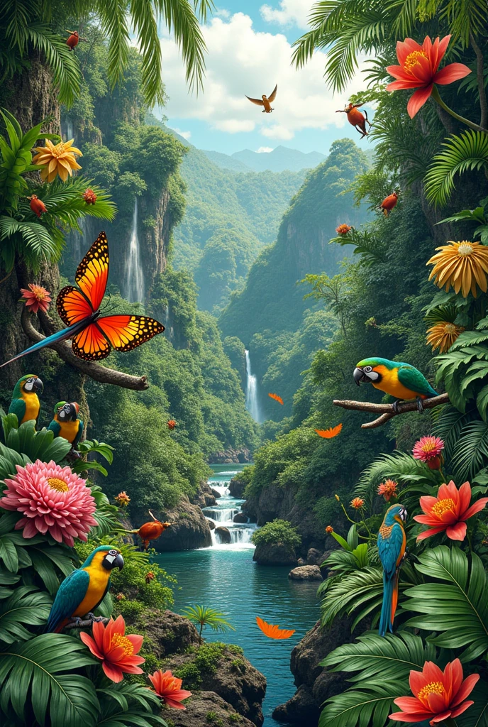 Create an image with the fauna and flora of Costa Rica, collage style