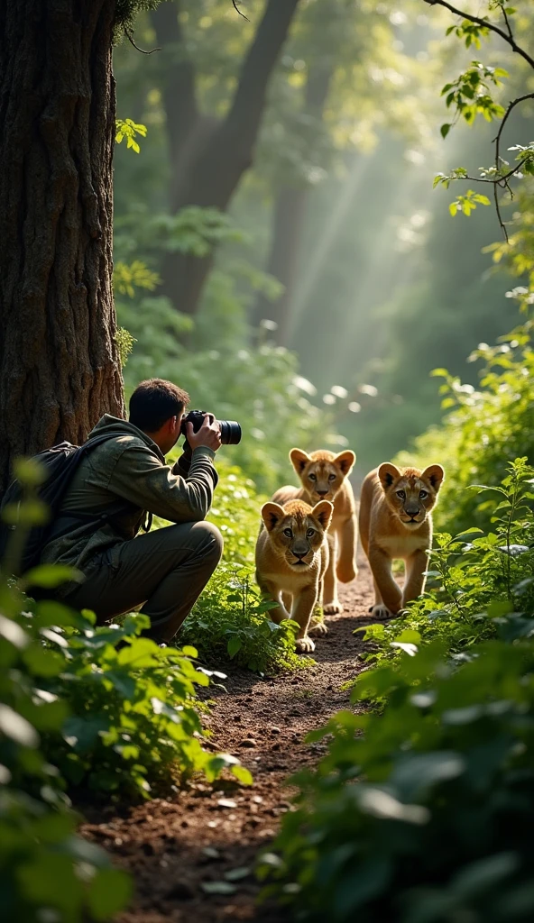 A photographer is capturing a photo of a group of lion cubs  in the jungle. The scene is set in a lush, dense forest with towering trees and thick underbrush. Sunlight filters through the canopy, casting a soft, dappled light on the ground. The photographer, dressed in camouflage gear, crouches behind a large tree, camera poised to capture the majestic tiger as it prowls gracefully through the foliage. The atmosphere is tranquil and immersive, with a hint of excitement in the air as the photographer waits for the perfect shot.