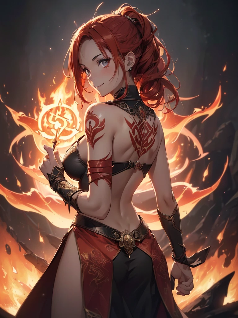 (((best quality, sharp image, clear image, cinematic lighting, 8k resolution, masterpiece, ultra detailed, intricate))) Girl, (((looking over left shoulder))), (shot from behind), fire mage, ((intricate background)), ((chaotic background)), red hair, smiling, ((flame runes, flame sigils)), (tatoo on back), slim figure, flying sigils