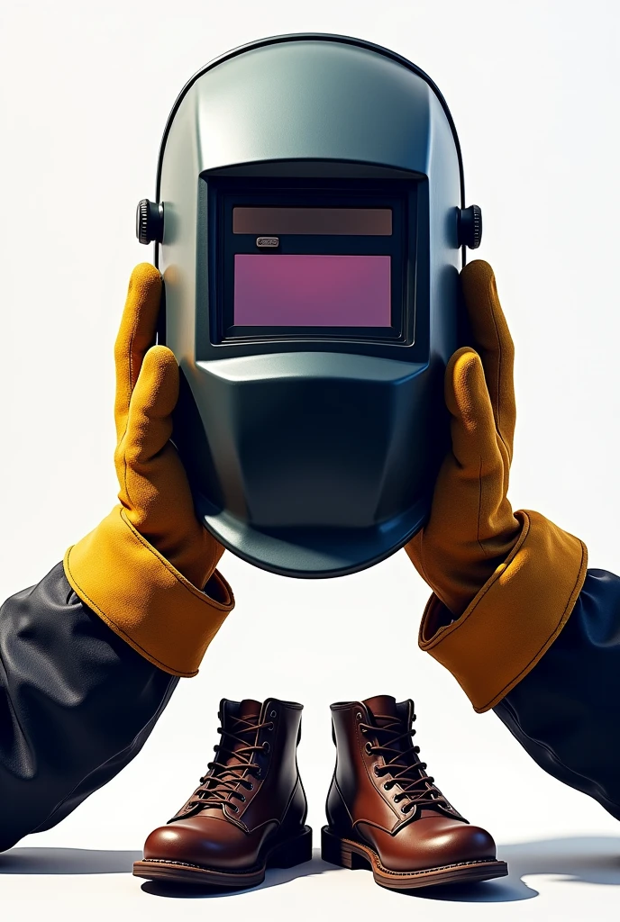 a sign with a welding helmet on it, welding gloves holding it by the sides and underneath welding shoes
