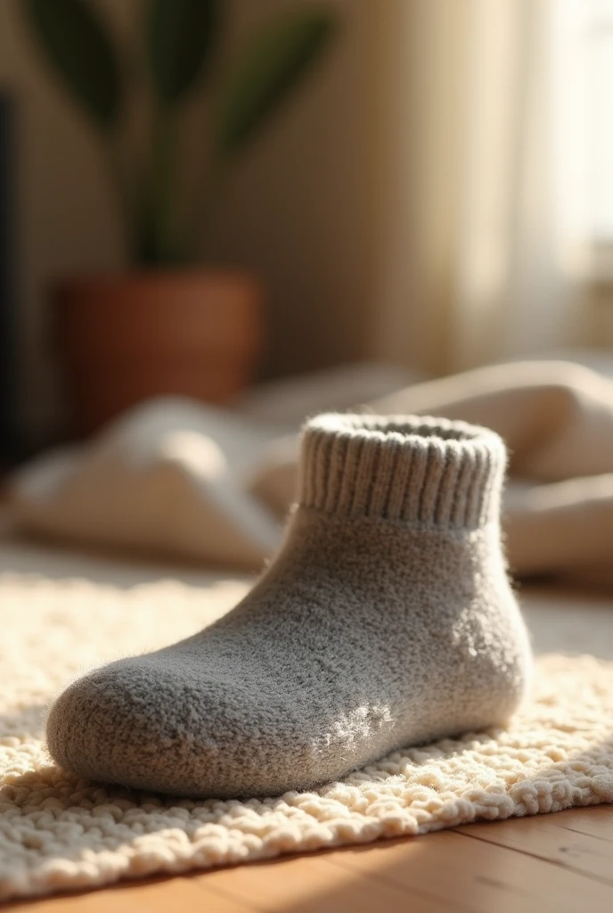 Alla Fei feet on the pillow on the bed，There is a pair of socks, soft. High quality, soft - warm, professional foot photography, soft pads, easy to use, komono, Back against the pillow, very cozy], soothing, sit on a bed, relaxing, thick lining, soft round features, feet posing, in a chill position，Hyper-realistic，4k，Shot with Sony camera