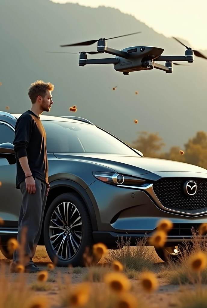 Create a picture of a man around 30 years old, standing next to a large Mazda CX90 SUV. The car is dark grey.
The man is dark blond and has short hair. The man has no beard. He wears loose clothes. A drone hovers next to the vehicle. A bee colony stands next to the vehicle. Honey bees flying around in the background.