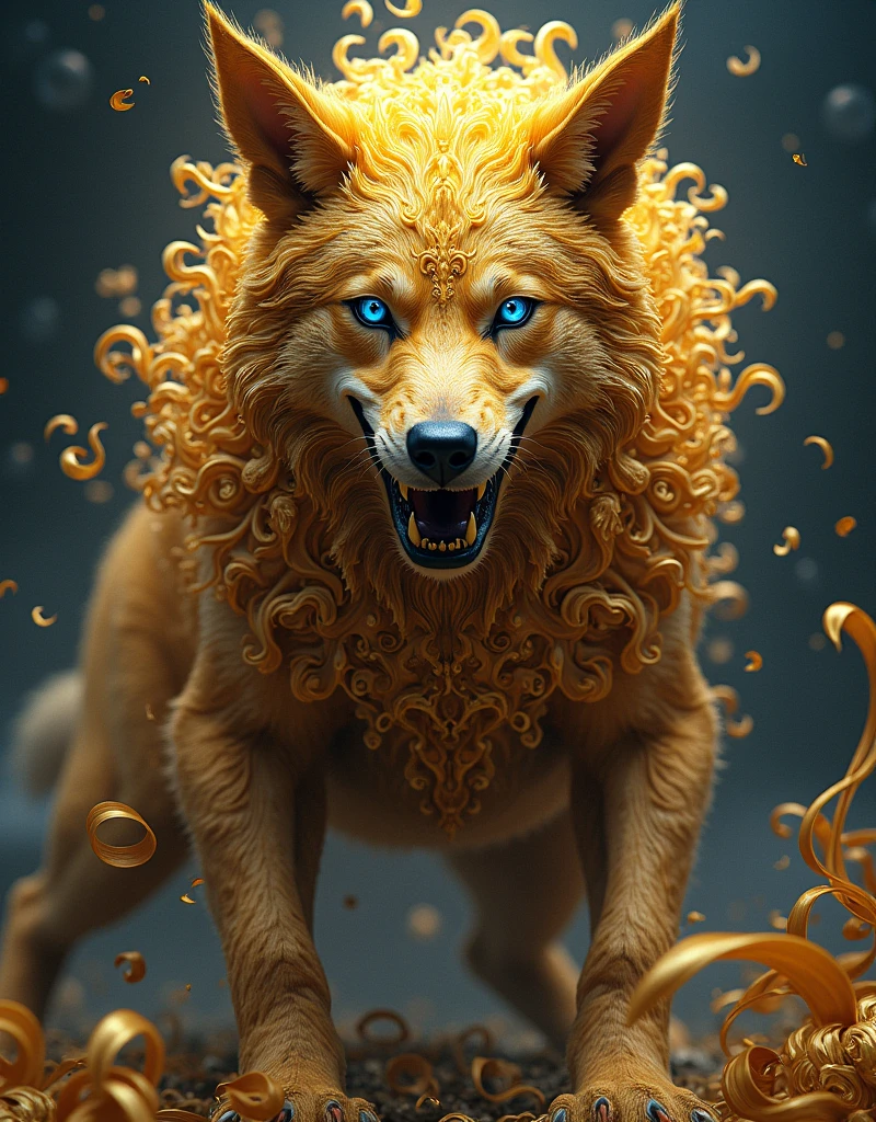 a highly detailed golden dog-show, exquisite patterns and motifs, vivid blue eyes, sharp menacing teeth, swirling golden patterns, surreal and otherworldly atmosphere, gold, black, and shades of blue, striking contrast, intricate details, dynamic contrasts, best quality,4k,8k,highres,masterpiece:1.2,ultra-detailed,realistic,photorealistic,photo-realistic:1.37,HDR,UHD,studio lighting,ultra-fine painting,sharp focus,physically-based rendering,extreme detail description,professional,vivid colors,bokeh,digital art,illustration,digital painting