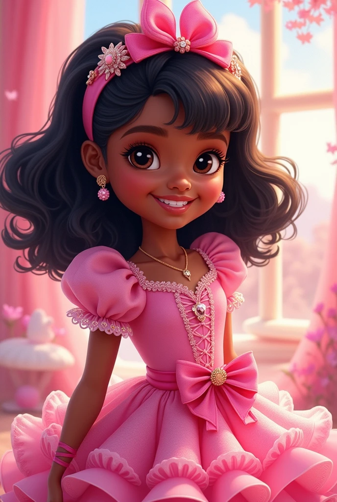 four year old girl,dark skinned and wavy hair dressed in pink in a Barbie style drawing 