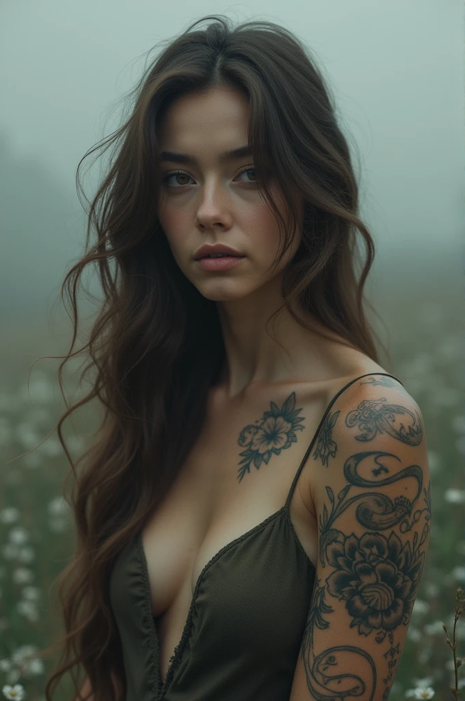 A woman with very long medium brown hair ,small eyes and big lips ,thin, medium height and light brown skin with tattoos on her arms
