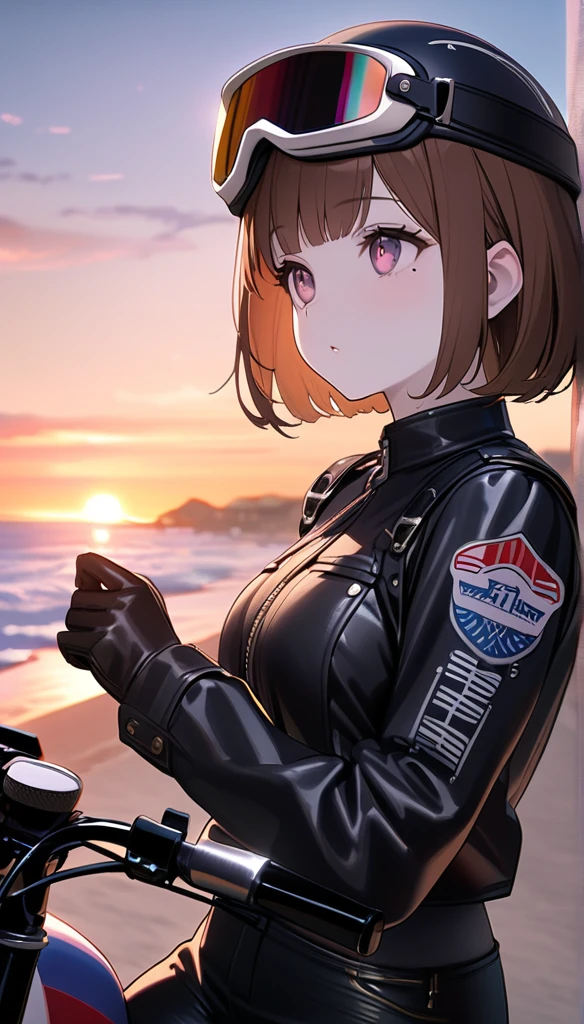 (1 person),(Best image quality, 8k, masterpiece:1.3), Anatomically correct, ((Brown hair bob cut:1.1)),(Swept-apart bangs,), (Cute eyes, Dark Eyes), (Mole under right eye), (thin),(Glowing Skin:1.1),(Pale skin:1.2),(Fantasyな雰囲気),(look up),Ultra-high resolution, Textured skin, Sparkle Effect, Fantasy,Bright Eyes,
Black Riders,Black Leather Pants,Black leather gloves,Black Leather Boots,American Helmet,Wearing goggles on your head,Crown a helmet,
Riding American Motorcycles,Seaside Road,sunset,Sunset,
Widescreen,