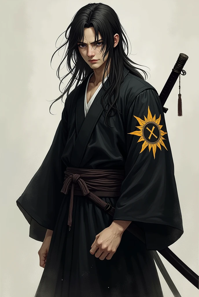 A swordsman with black eyes and long black hair, he is about 25 years old, with a tired look, he looks a little sad and exhausted from training so much , wears an all-black kimono with details in the shape of a sun with an X in the middle