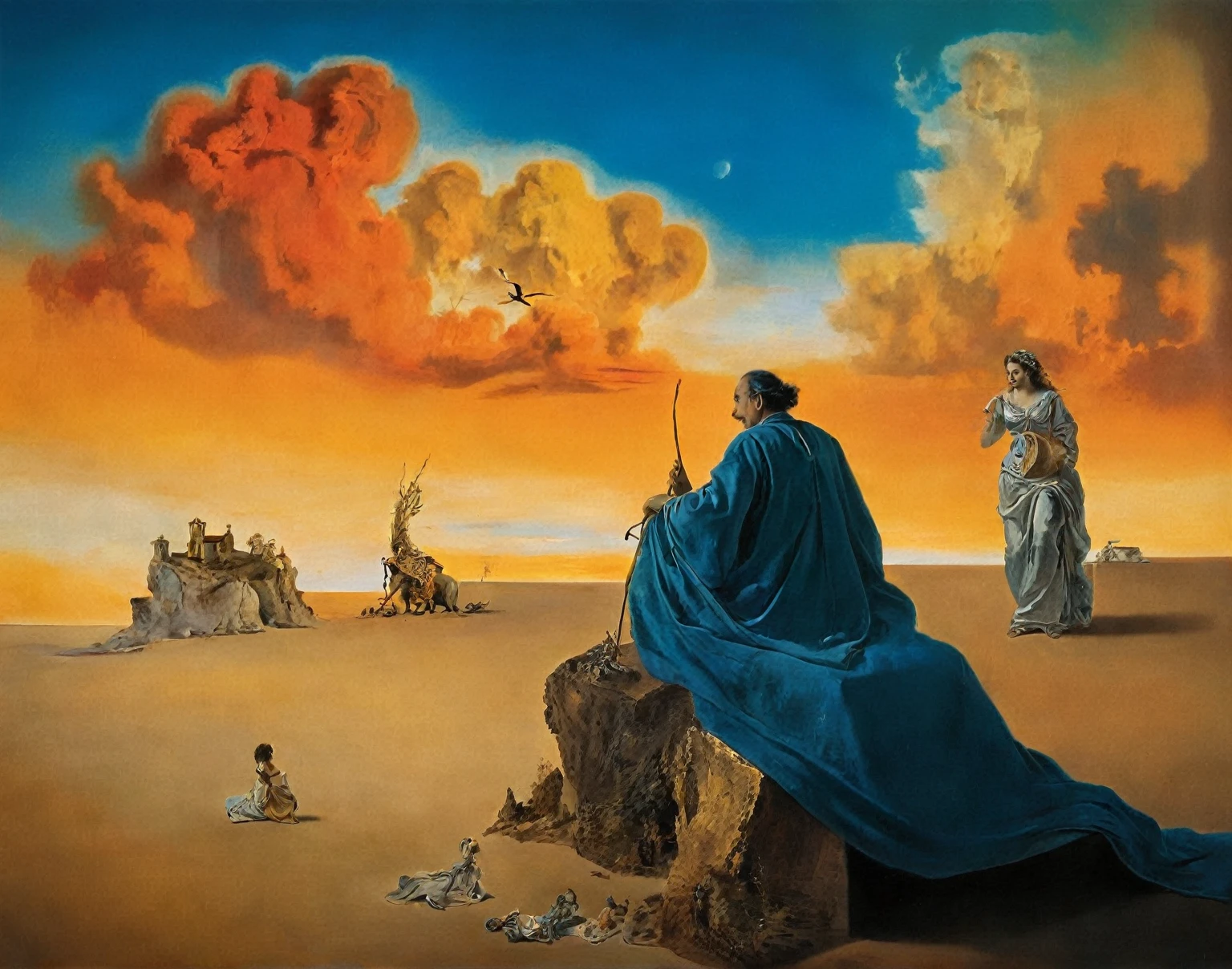 Flow of time by Salvador Dali,Magic,(style of Jean-Antoine Watteau):0.1.       The image is a digital artwork depicting a serene scene on a beach at sunset with three person s., with a small figure standing at the bottom. The image is a captivating depiction of an ancient civilization, set in a desert landscape under a cloudy blue sky.