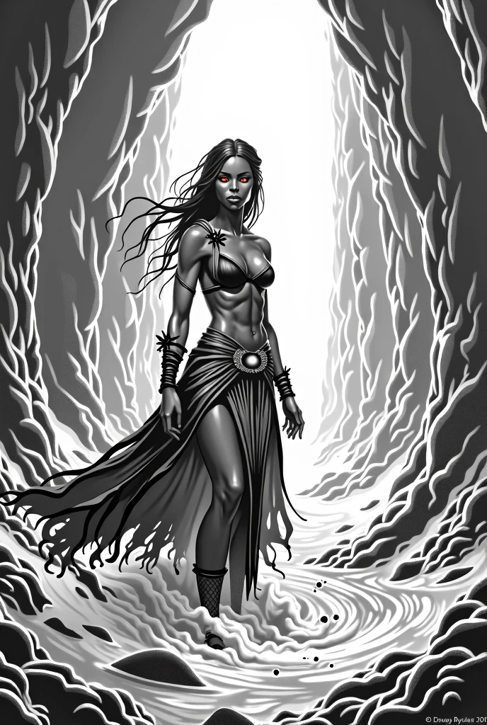 black and white line art, dramatic scene, fantasy, lovecraftian, inside huge tunnel, ominous pit full of tentacles, photorealistic, digital high quality, muscled athletic black dark ebony elf woman, garbed in (sorceress double slit skirt, sarong), fishnet, white bubbling glowing fluid inside pit