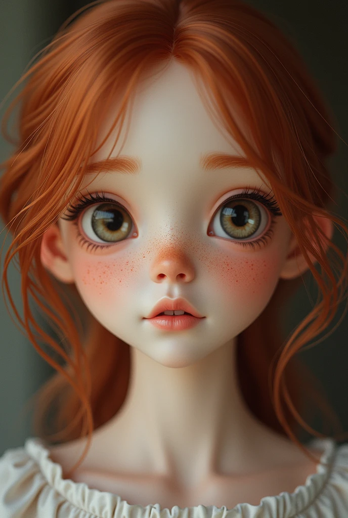 redhead, girl, freckles only on the cheek, dolleyes, dollface, realistic girl pretty, 16 years, c