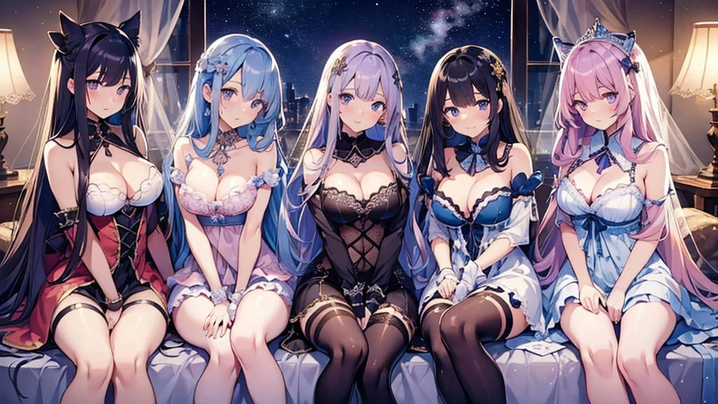 Group of young princesses,Six Girls、Line up horizontally、cute、 (In the bedroom),Big fluffy bed、 Various hairstyles, Harem,Shangri-La、 Reveal nightdress,Lace Stockings、Glamorous Body、Accentuate your cleavage、Bed with gold decoration、Luxurious candlestick、night, Starry Sky , Seduce,Embarrassed、Veil、ランダムなsexyポーズ、Sitting, Show your armpits、Spread your legs、Starry Sky、Large balcony、Black Hair、Gray Hair、Pink Hair、Blonde、Light blue hair、Purple Hair、long hair、sexy、Braid、Bob Hair、Spread your legs、Sitting with legs crossed、Appropriate number of arms、The right number of legs、Shining Eyes、blue eyes、Green Eyes、Pink eyes、Brown eyes、Beautiful Girls、Fine drawing、High-quality 4K