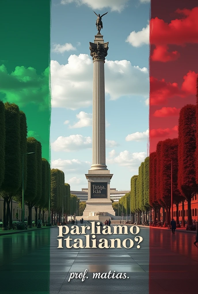 An image with dimensions for a WhatsApp group profile: the Italian flag and a monument with the clear phrase "parliamo italiano?" also add with a different font "Prof. Matias"
