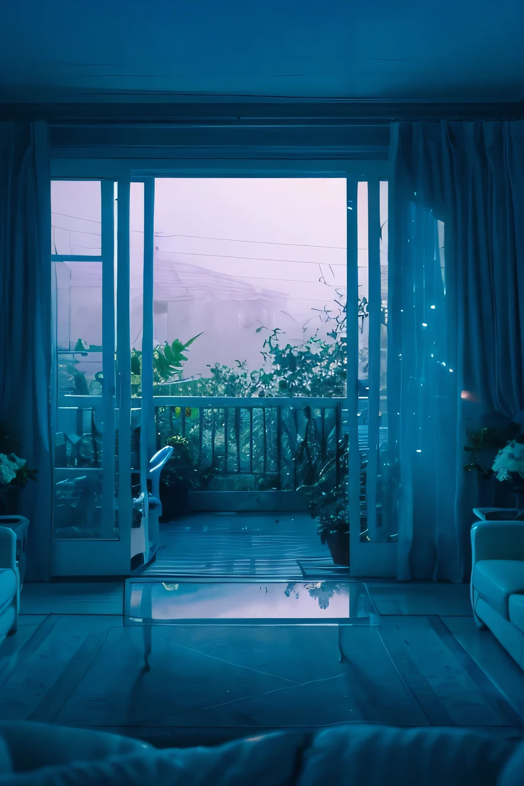 a white dreamy house, flower garden, retro, foggy, soft focus, year of 1995, cool lighting, muted pastel colors, glowing atmosphere, dramatic shadows, cinematic composition, dream-like quality, ethereal, romantic, soft focus photography, dark blue hour, midnight, windy, marble, silver and mirrors, hazy