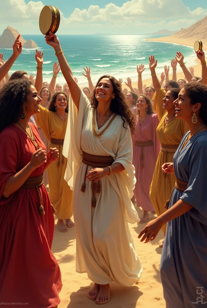 The topic of my presentation is "Women in the Bible" and I want to create an image from a specific Bible verse which is Exodus chapter 15, verse 20, which says: "Mary, the prophetess, "picked up a tambourine", and behind her &#39;all the women came out playing tambourines and dancing&#39;
". 