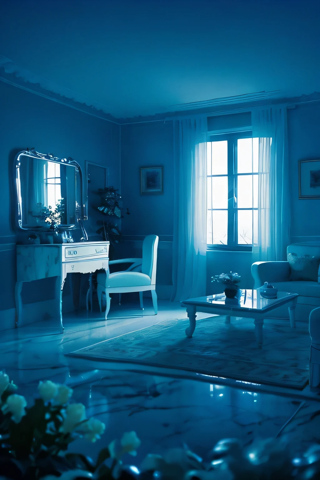 a white dreamy house, flower garden, retro, foggy, soft focus, year of 1995, cool lighting, muted pastel colors, glowing atmosphere, dramatic shadows, cinematic composition, dream-like quality, ethereal, romantic, soft focus photography, dark blue hour, midnight, windy, marble, silver and mirrors, hazy