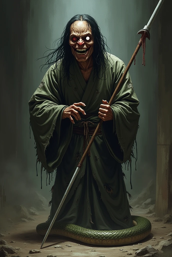 unhealthy h monster. His lower body is that of a snake and his upper body is that of a man. He has a deformed face. His mouth is full of sharp teeth, he has a sadistic and cruel smile. He is one-eyed, his only eye is red, and instead of his left eye, there is a hole full of insects. He has long hair in battle. He’s wearing a torn kimono, and he’s holding a spear. [Monster] [Horror] [Scary] [Half snake half human] [Sadistic smile] [Sharp teeth] [One eyed] [Torn kimono]