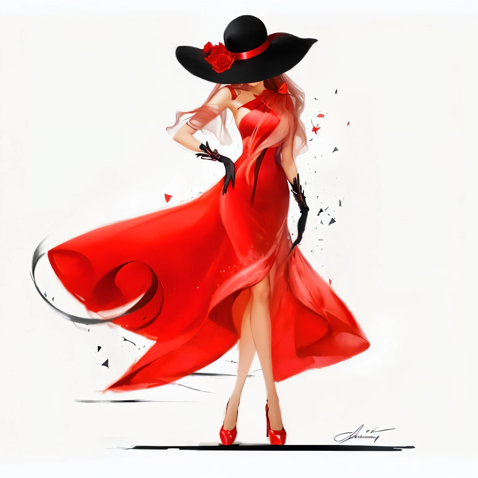a drawing of a woman in a Vestido e Red Hat, Vestido e Red Hat, luxury fashion illustration, fashion illustration, por Elaine Hamilton, digital art of an elegant, detailed fashion illustration, Red dress and magic witch hat, Red Hat, fashion art, por Chinwe Chukwuogo-Roy, by Silvia Dimitrova, in red and black