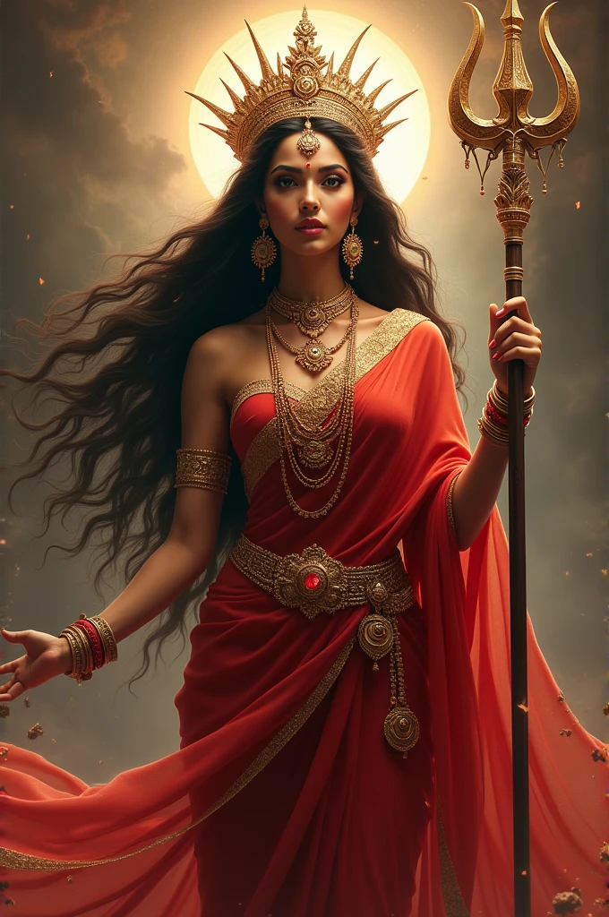 A very beautiful woman. She is wearing a traditional red saree. She is wearing jewelery along with professional make-up. She has a big earring in her ear. She has a bangle in her hand, and a crown on her head. There are eyes on her forehead. The hair are open. And she is holding a trident in one hand. And she is giving blessings with one hand.