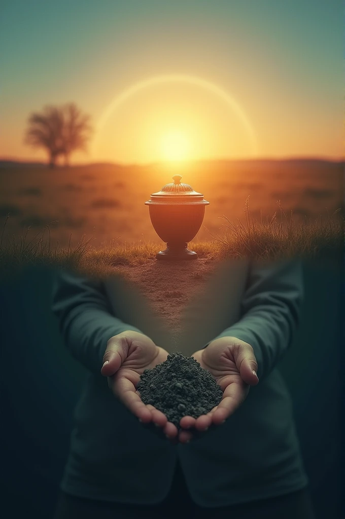 A cover with a shaded background that transitions from a clear, sunny sky at the top, to a dark and melancholic atmosphere at the bottom. On top, the sun is seen shining over a  field, representing the hot day. On the bottom, A pair of hands is shown holding an urn of ashes, surrounded by an aura of uncertainty, with a heavier and darker atmosphere. At the bottom, a blurred figure of a person, symbolizing the lost presence. The cover would also include elements that reflect the fight against epilepsy., as an electroencephalogram line subtly integrated into the design.