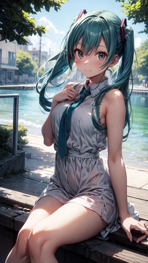 
The background is in the style of Makoto Shinkai, with the viewer sitting in nature under a clear blue sky.。

Hatsune Miku in a shoulder-baring dress。

The color of the dress is white。

A sexy, mature atmosphere reminiscent of Minato Ward girls。

Hair is straight。