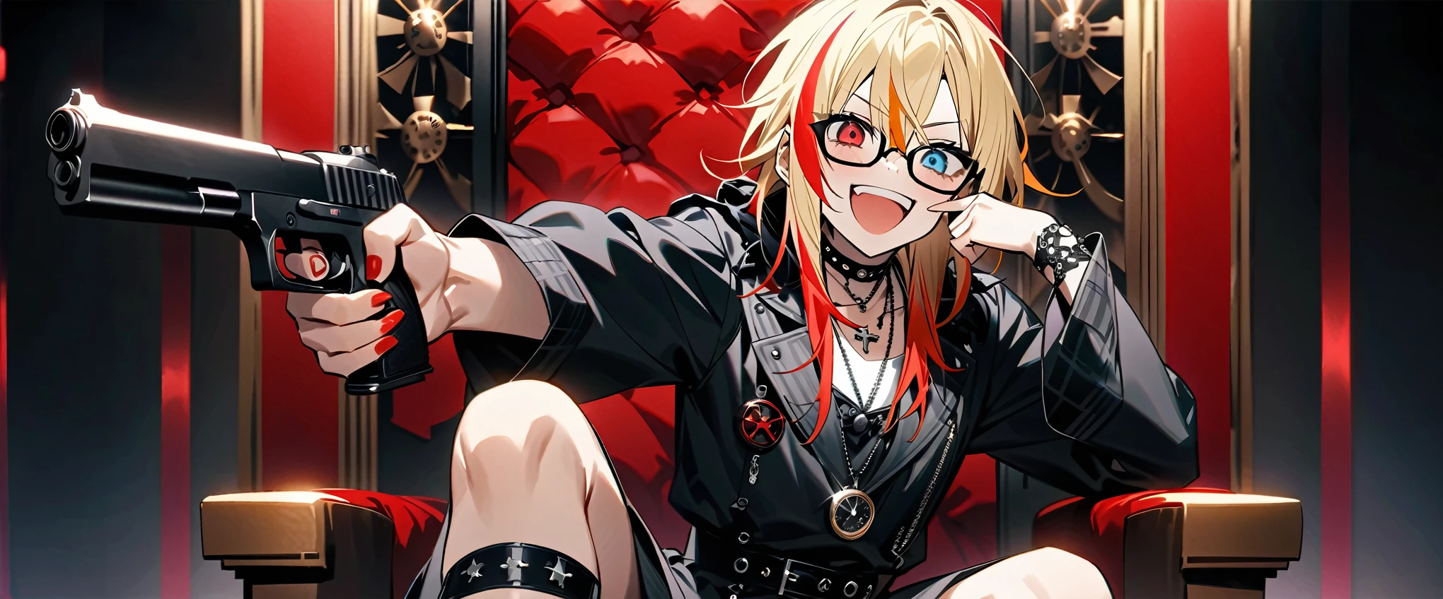 (((masterpiece,Highest quality))),(((銃を持ったスチームパンク風でVisual Keiの黒を基調とした衣装の短い髪のアニメの中性的な男性))),((Androgynous but male)),(((Visual Kei))),(((red and blonde streaked hair))),highlights hair,((Wears stylish, thick-framed glasses)),((Blue and red heterochromia)),((Clock and gear motif necklace,A brooch with a clock and gear motif)),((He is sitting cross-legged on his throne, pointing a gun at me and laughing.))),alone,Focus on the whole body,(high quality),アニメ