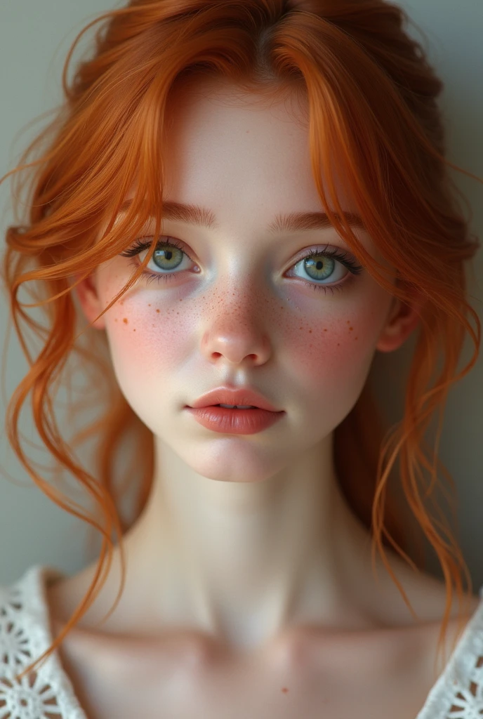 redhead,  girl, freckles only on the cheek, dolleyes, dollface, realistic girl pretty, 16 years, c, realistic cute girl