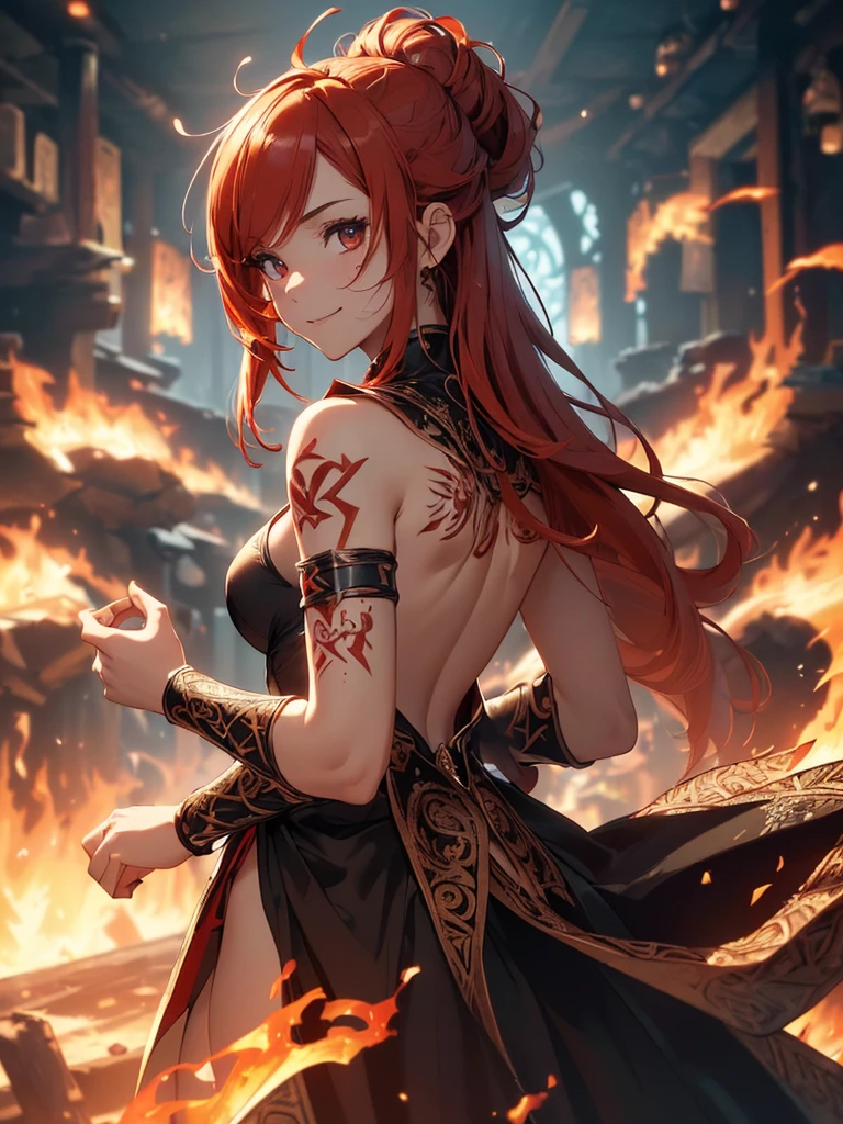 (((best quality, sharp image, clear image, cinematic lighting, 8k resolution, masterpiece, ultra detailed, intricate))) Girl, (((looking over left shoulder))), (shot from behind), fire mage, ((intricate background)), ((chaotic background)), red hair, smiling, ((flame runes, flame sigils)), (tatoo on back), slim figure, flying sigils