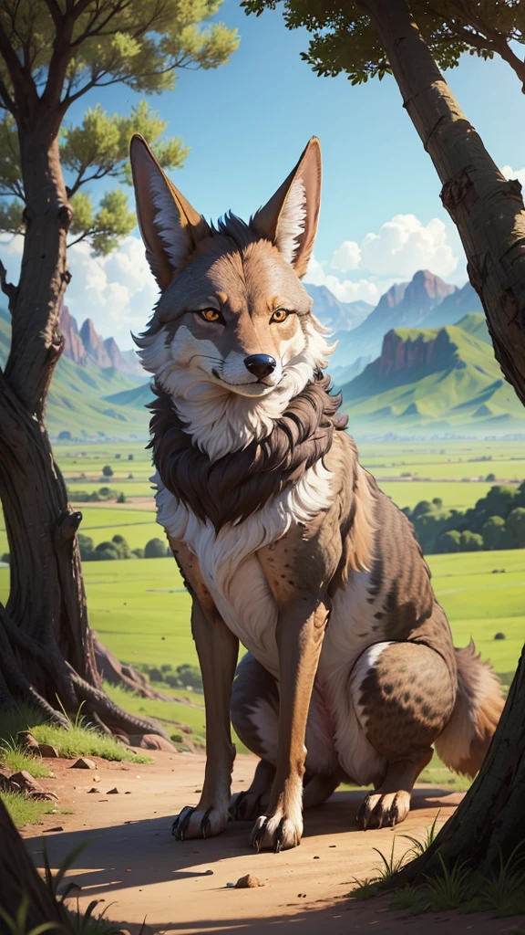  A cruel jackal in the green valley hide behind of trees for hunting sheeps