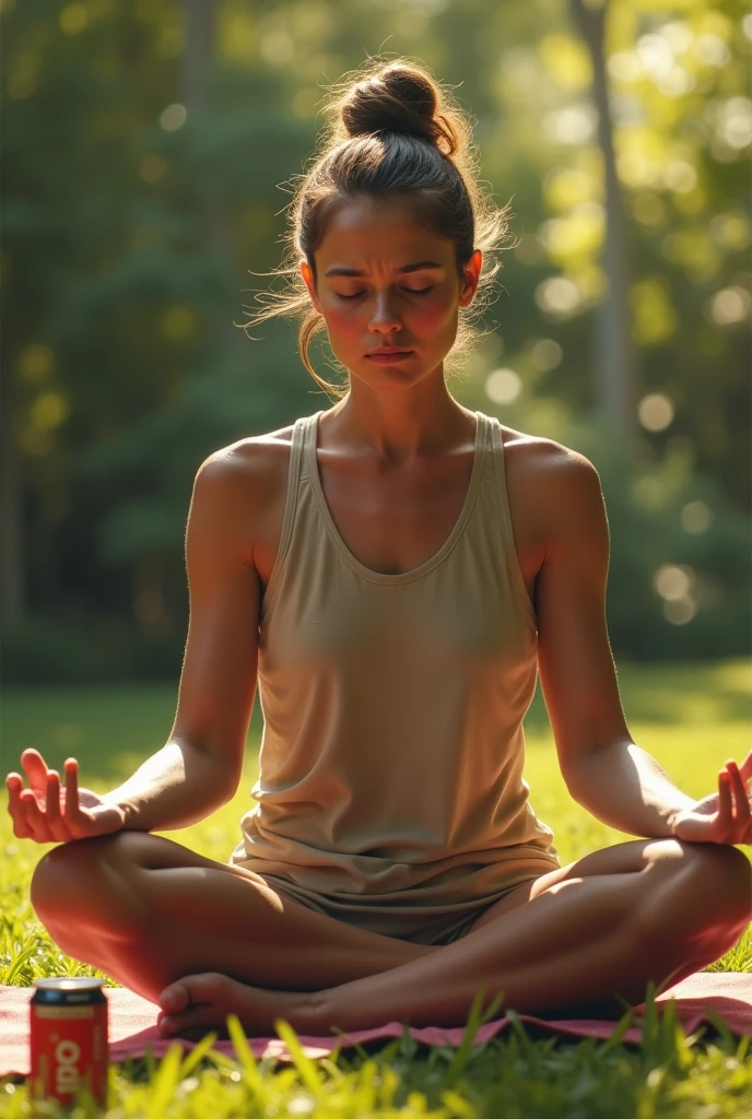 Illustrate some images of a short story which shows a person trying hard to mediate in a sunny day with sweat pouring down , gets his eyes opened..after that his eye catches an energy drink , he sees that drinks and replenishs himself and gets back to mediate happily