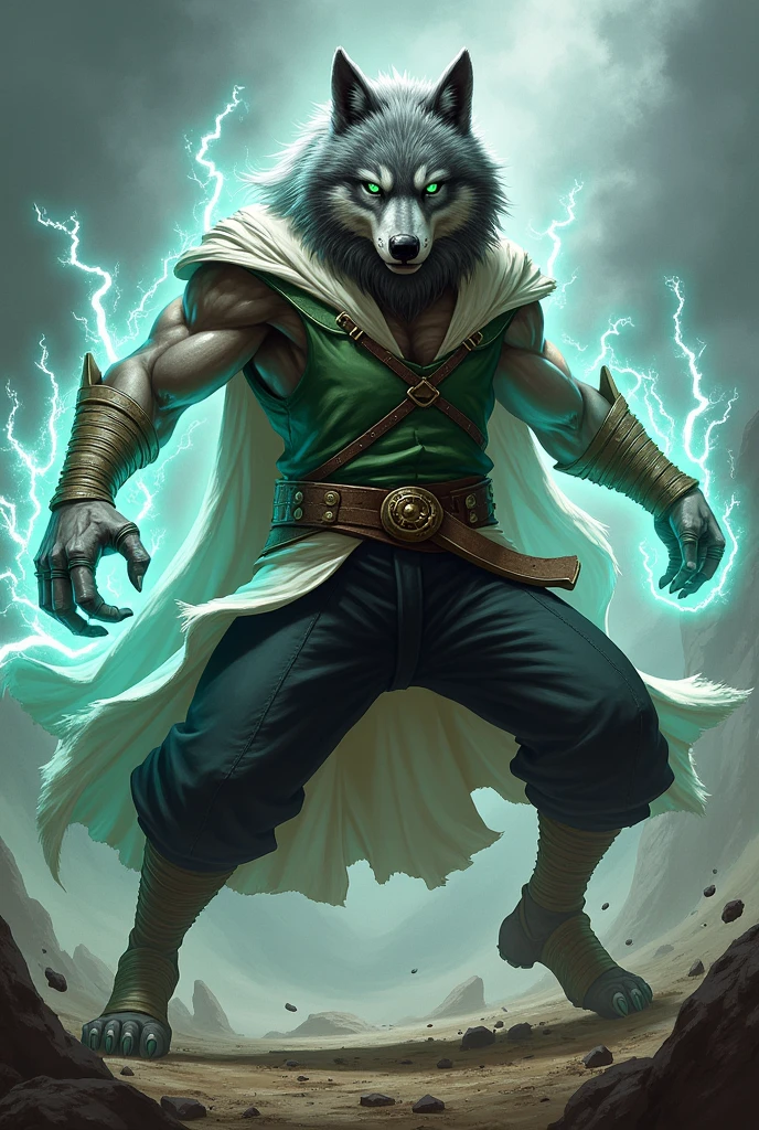 A gray wolf with a human-like face with bright green eyes, a muscular warrior with bandages on his hands dressed in black pants and a green shirt with a white robe with electricity power in his hands.
