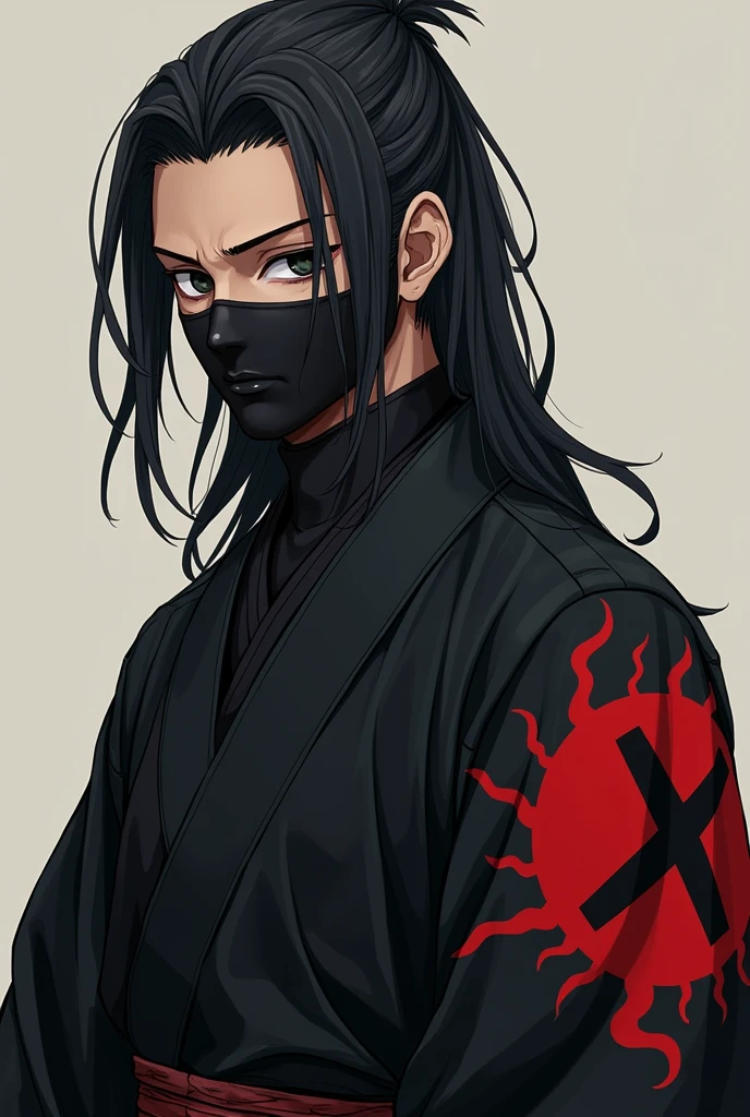 A swordsman with black eyes and long black hair, he is about 25 years old, with a tired look, he looks a little sad and exhausted from training so much , wears an all-black kimono with details in the shape of a red sun with a black X in the middle, he wears a black mask covering his nose and mouth, He is a powerful swordsman
