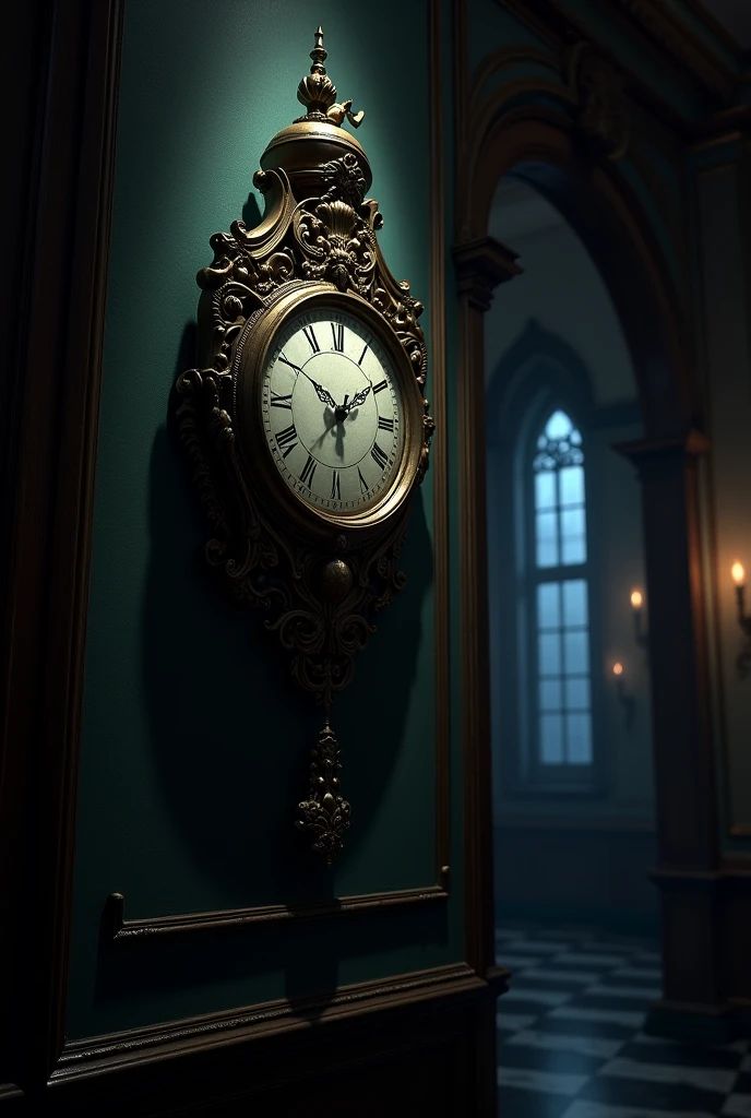 Mysterious wall watch in palace at dark night