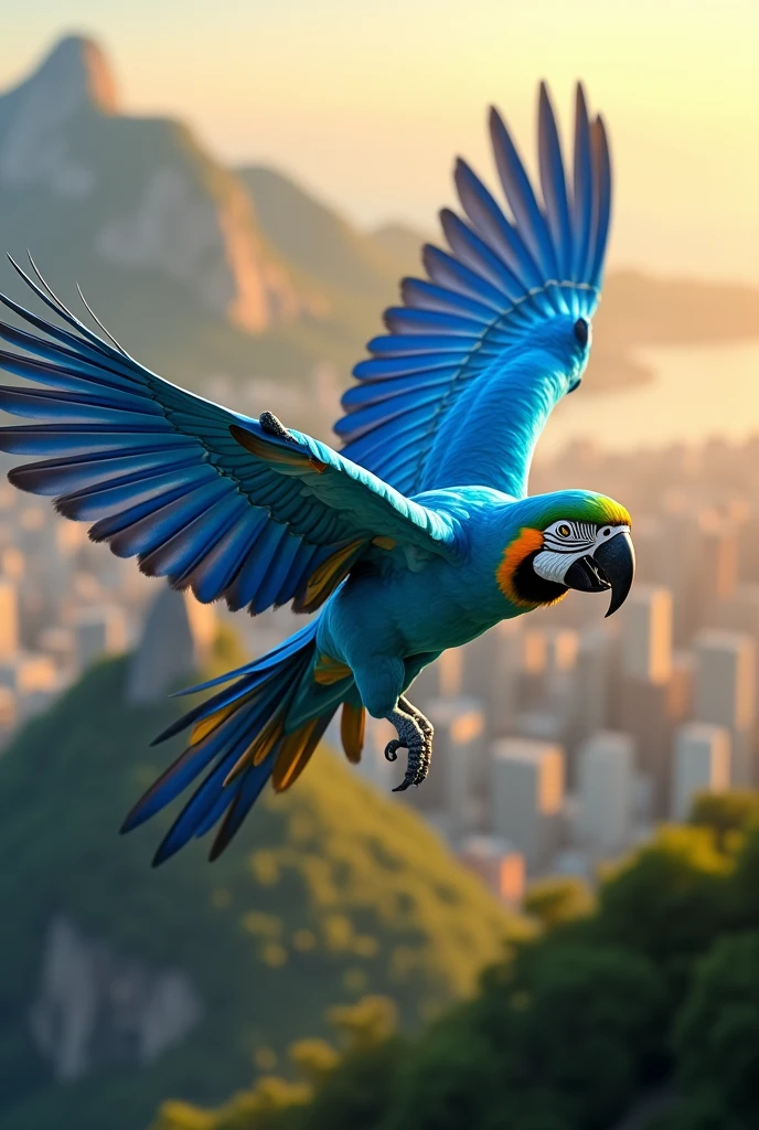 Create a blue macaw with gradient wings in shades of blue flying head-on in Rio de Janeiro