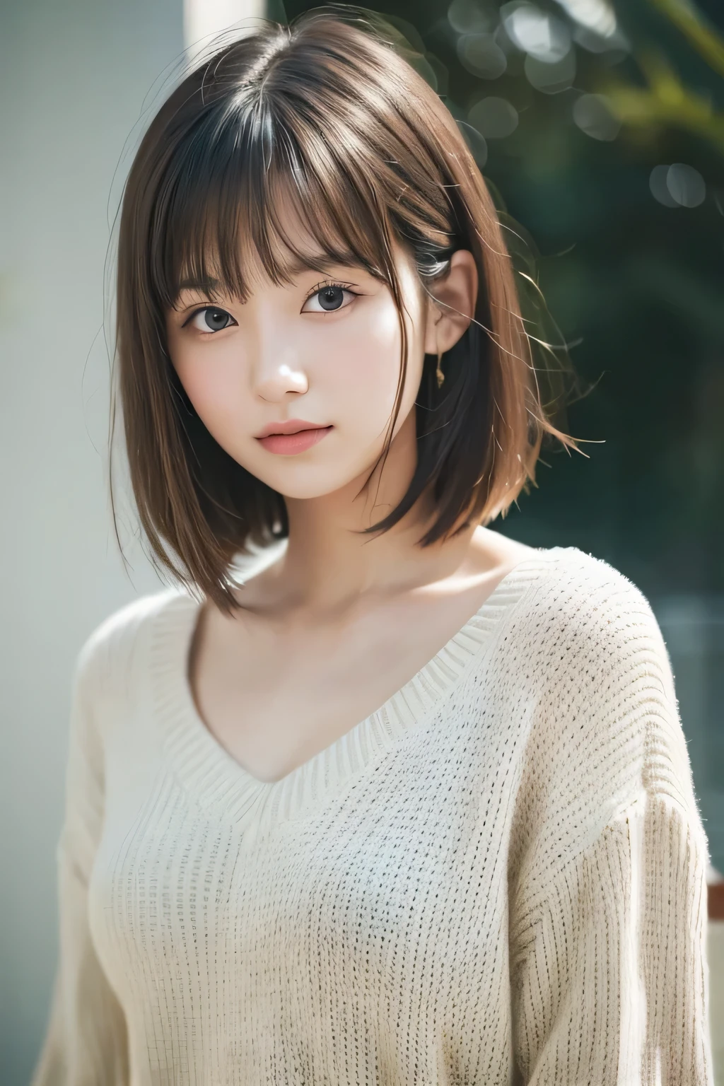masutepiece, Best Quality, 8K, 20 yo, large full breasts, cute little, Solo, sad, Cute, Girly, Delicate girl, Neat and clean beauty, Raw photo, Professional Photography, Portrait, Soft light, Professional Lighting, Back lighting, Upper body, Looking away, Sophisticated, Film grain, (Eyes and faces with detailed:1.0), Short-length floating hair, Beautiful flowing hair, Bangs, Sweaters,