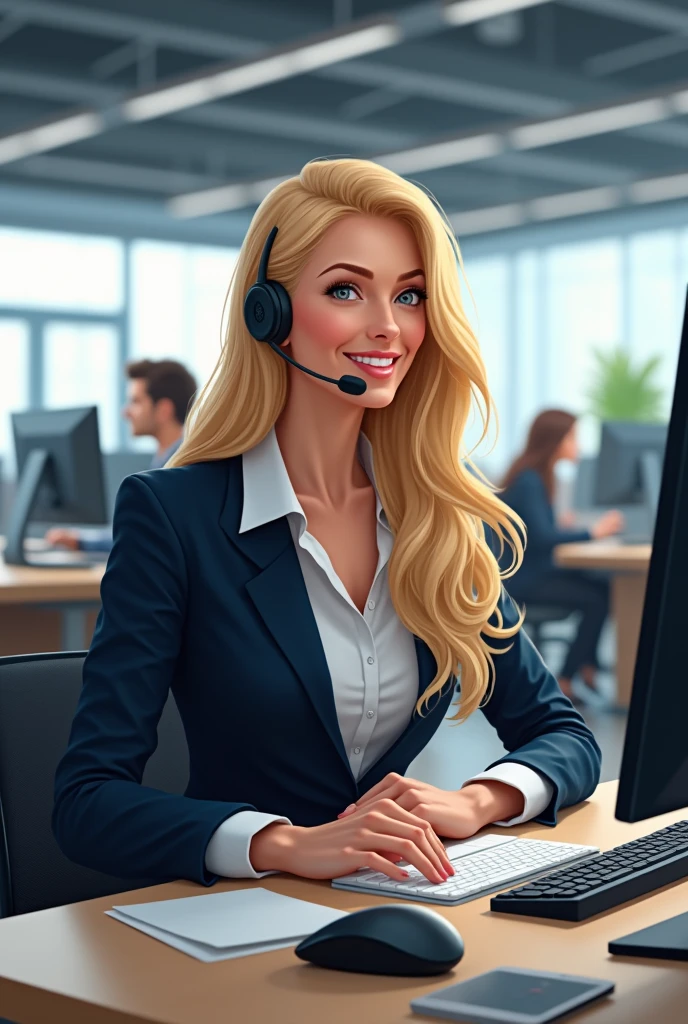 Tall white woman with long blonde hair working in call center