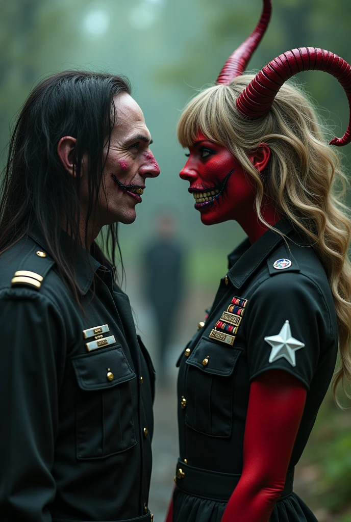 Man with long black hair, the same man has colored nails, the same man has a hairless face, the same man has an ugly face. He's talking to Taylor Swift, Taylor Swift has red skin, big horns and an evil face. Taylor Swift wears an army uniform, the army uniform is black and white. Taylor Swift turns a man into a woman