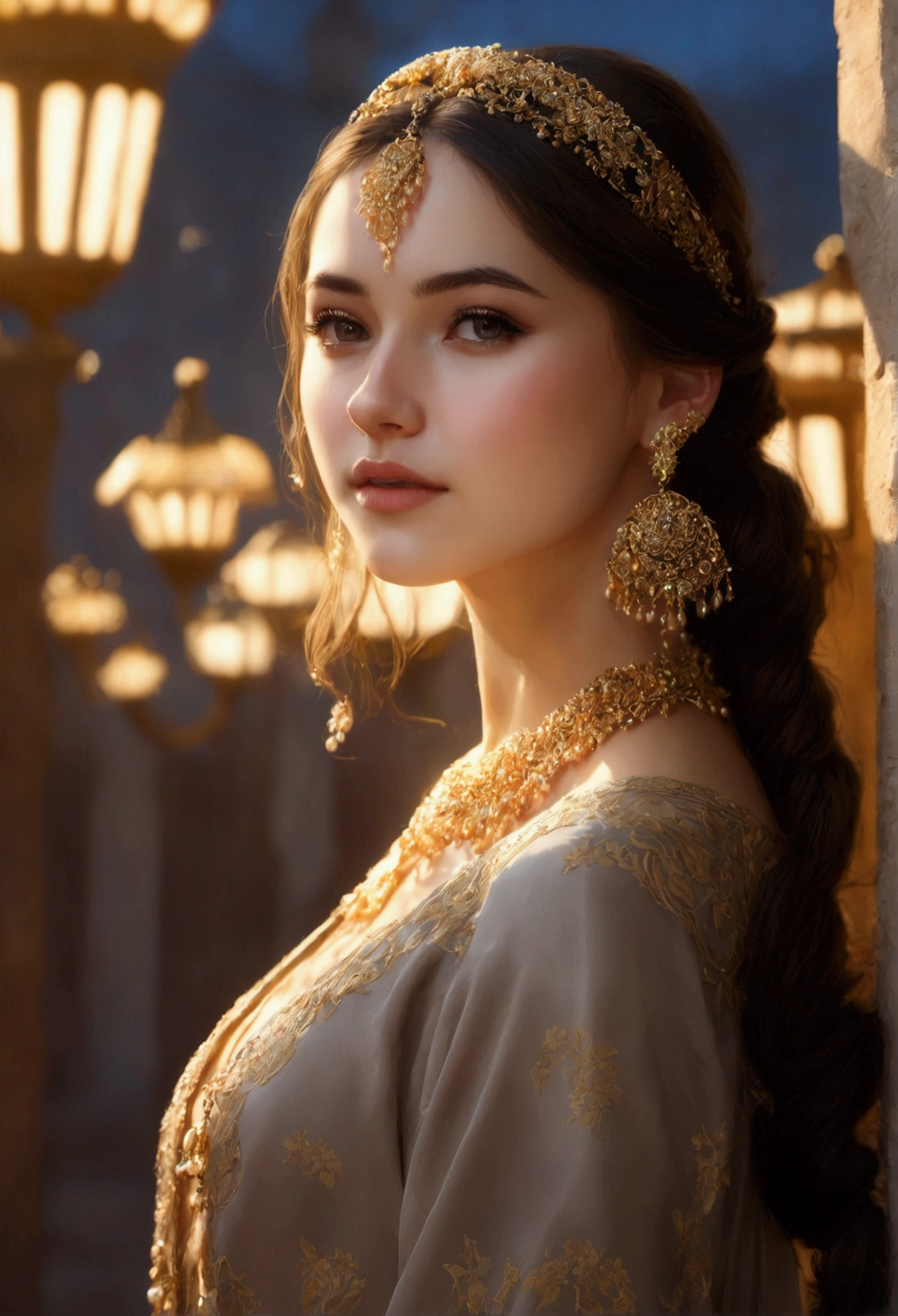 best qualityer, work of art, high resolution, 1 girl, Porcelain Dress, hair accessories, necklase, jewerly, Face pretty, on the body, Tyndall effect, realisitic, shadow studio, rim lighting, Two-tone lighting, (High Detail Skins: 1.2), 8k UHD, dslr, smooth light, high qualiy, Volume light, sneak shot, photoshot, high resolution, 4K, 8k, background blur,