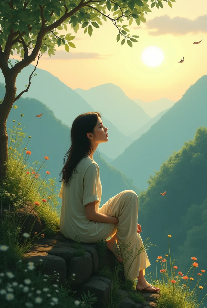 A lonely lady sitting in the evening nature , feeling the beautiful scenario of mountains and greenery nature's beauty and cute creatures