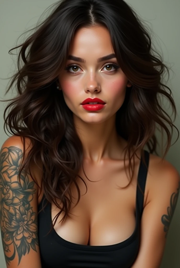 A woman with very long, wavy dark brown hair ,chubby eyes and big lips with red lipstick ,thin, medium height and light brown skin with tattoos on her arms