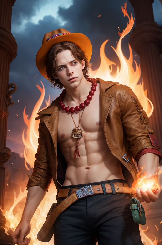 (masterpiece), (best quality:1.4), absurdres, [:intricate details:0.2], hyperrealistic, photography, kkw-ph1, 1 man, young, 18-year-old, (elven:0.7) portgas d. ace, freckles, hat, topless male, shorts, belt, jewelry, necklace, brown hair flaps, (style-swirlmagic:1.0), looking down, solo, (full body:0.6), detailed background, detailed face, (V0id3nergy, void theme:1.1)  sinister smirk, red color scheme, dark purple light, library, glowing magical runes, dark atmosphere, shadows, realistic lighting, floating particles, embers, surrounded by fire, summoning, red arcane symbols, power-hungry eyes,
