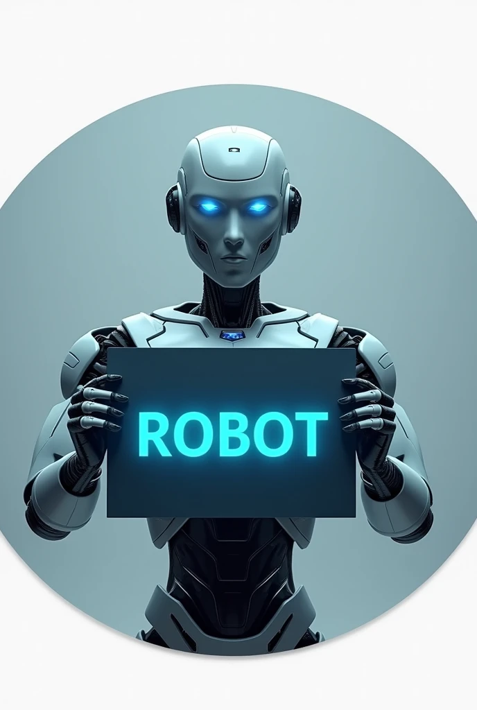 round photo of a robot holding a sign in blue and gray colors