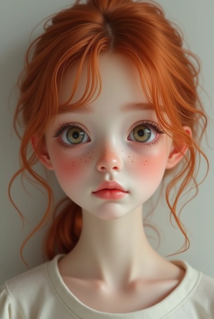 redhead, 16 year old girl, freckles only on the cheek, dolleyes, dollface, realistic girl pretty, 16 years, cute girl, realistic cute girl with 15 years