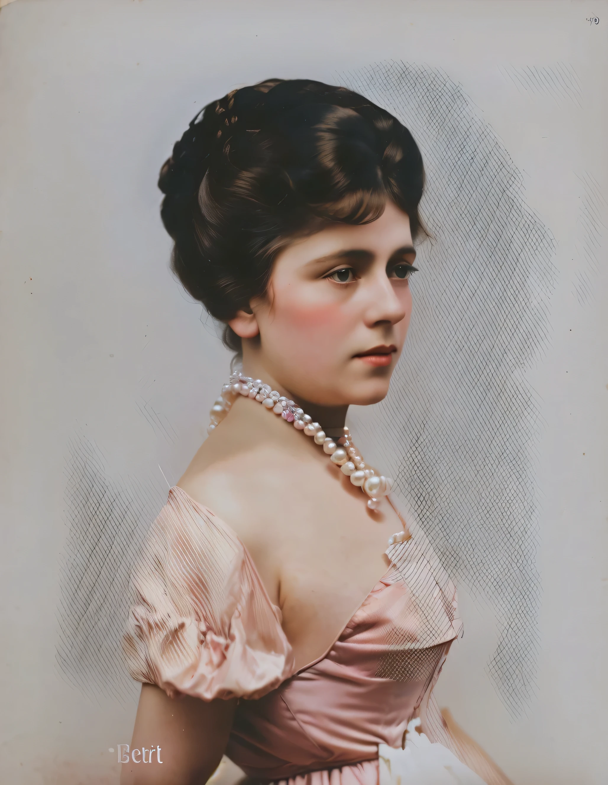 a colorized photo of a woman in a pink dress and a pearl necklace, colored 1 9 0 4 photo, a colored photo, autochrome pearlescent portrait, colored photo, colored photograph, colored, inspired by Ramon Casas i Carbó, colored background, victorian female portrait, colored, inspired by Albert Edelfelt, 4K vintage color photo