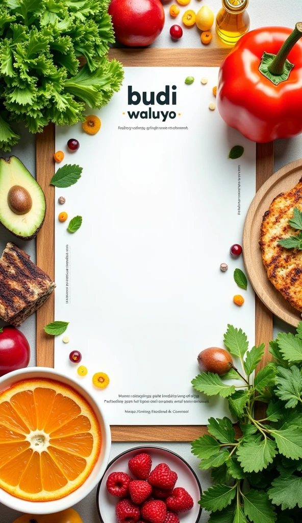 HEALTHY MENU, add text "Budi Waluyo" and add watermark "BW"