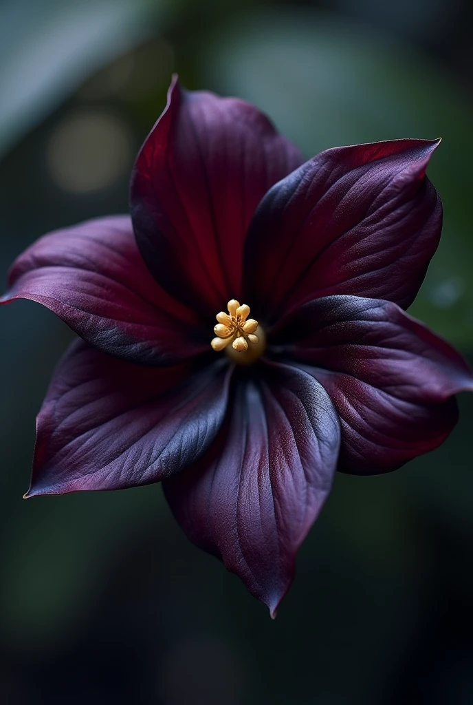 An ultra-close-up, high-resolution macro photograph of a rare black wax flower (Hoya) in full bloom. The image captures the intricate details of the velvety petals, with deep black and purple hues, highlighting the delicate textures and natural sheen of the waxy surface. The background is softly blurred, emphasizing the flower's unique, dark beauty, with subtle reflections of light on the petals adding depth and contrast. The composition is centered, focusing on the flower's symmetrical shape and the fine details of its stamen. Imagem com no mínimo 4mp e  as visualizações vetoriais no mínimo 15 MP. 