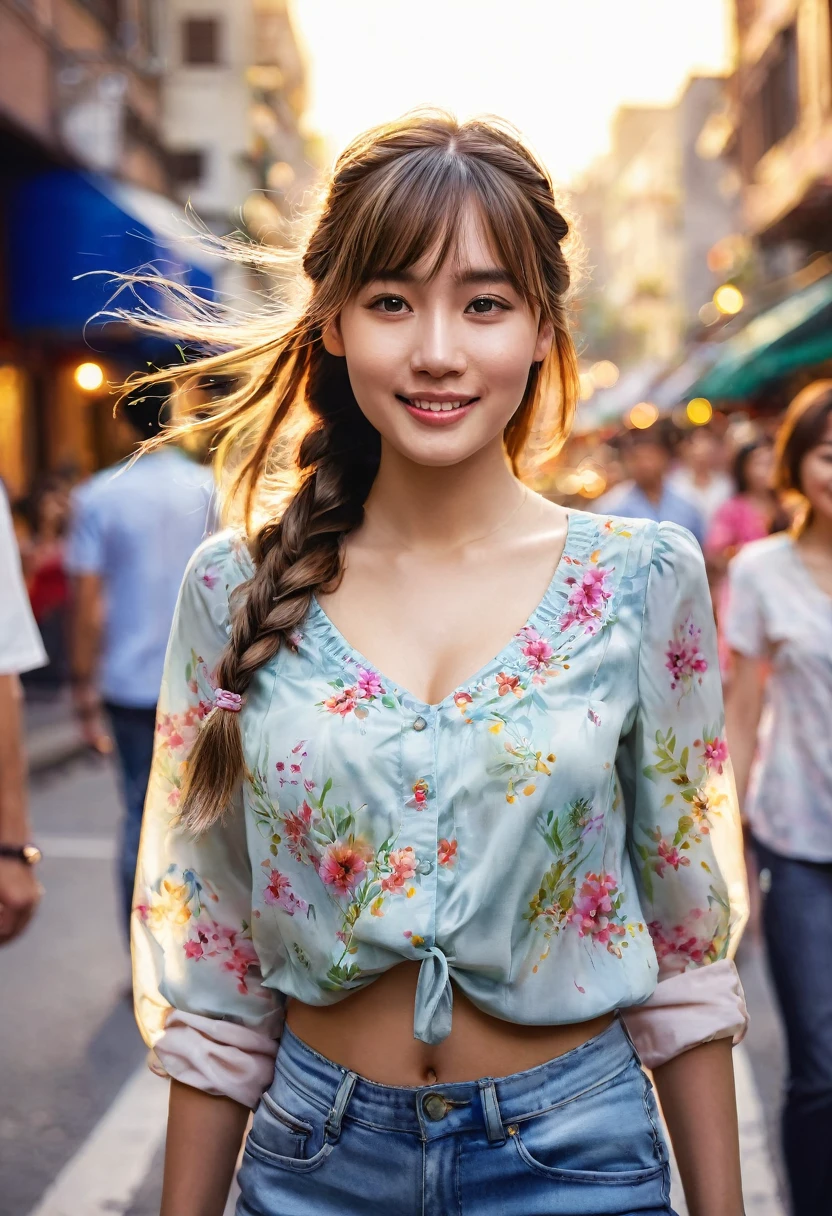 Painting, water color, mat finish, best quality, photorealistic, 1girl, woman,(skindentation), medium breast, (bright), (professional lighting, bokeh), (street), people, crowds, braided bangs, (blouse:1.5), (portait:0.8), gorgeous, bloom, floating hair, (dynamic pose:0.6) , soft lighting,
