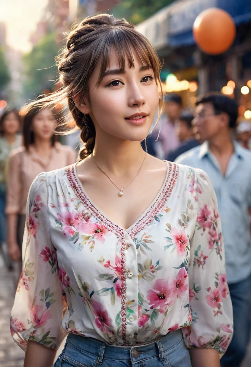 Painting, water color, mat finish, best quality, photorealistic, 1girl, woman,(skindentation), medium breast, (bright), (professional lighting, bokeh), (street), people, crowds, braided bangs, (blouse:1.5), (portait:0.8), gorgeous, bloom, floating hair, (dynamic pose:0.6) , soft lighting,