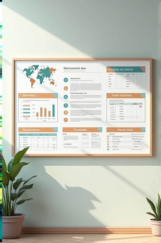 Provide me design of school soft board including birthday chart ,transport chart, time table , house chart
The board in horizontal in shape